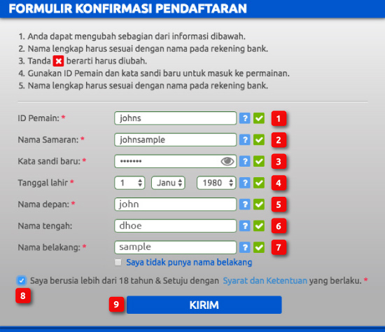 Dialog box pembaruan informasi member judi online Bonanza88